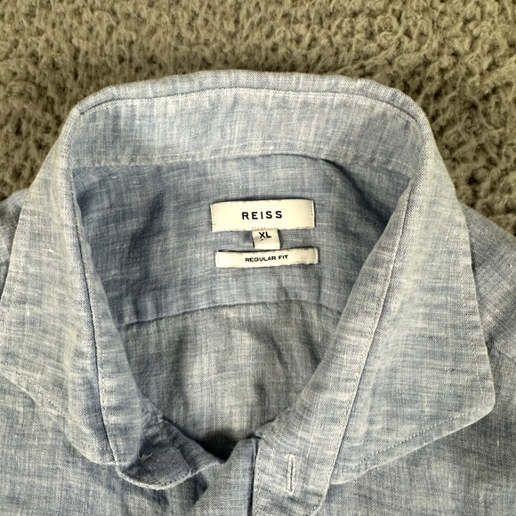Reiss Shirt Men's XL Blue Button Up 100% Linen Regular Fit Casual Long Sleeve - Picture 7 of 13